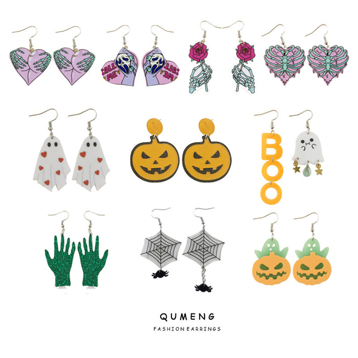 Wholesale Halloween Series Skull Ghost Death Flower Love Acrylic Printing Earrings JDC-ES-QingM001