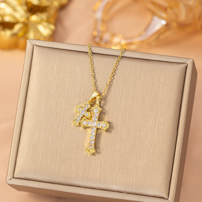 Wholesale Stylish Titanium Steel Double Cross Necklace Gold Plated Zircon Inlaid Boutique Jewelry Accessory MOQ≥2