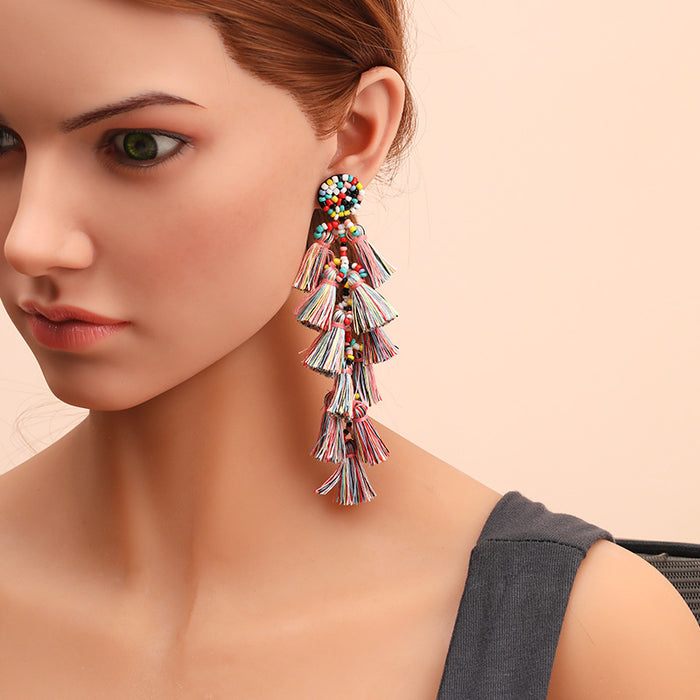 Wholesale Rice Bead Tassel Earrings Handmade Fashion Long JDC-ES-Gute054