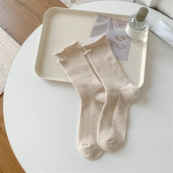 Wholesale Socks Double Needle Solid Color Curled Edge Stacked Socks Middle Tube Socks