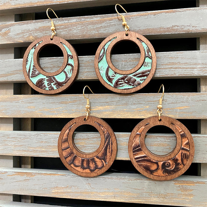 Wholesale Retro Western Genuine Leather Hollow Inlay Wood Drop Earrings