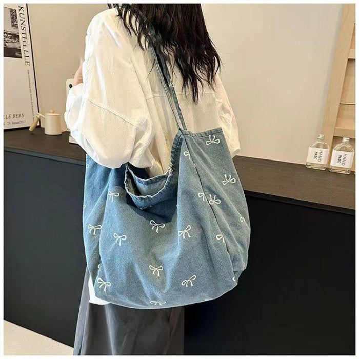Wholesale Denim Canvas Bag Women' s Bow Sweet All-match Tote Bag Large Capacity Casual Shoulder Bag