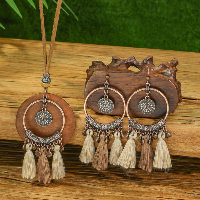 Wholesale Bohemian Handmade Tassel Earring and Necklace Set Alloy Geometric Circle Fashion MOQ≥2