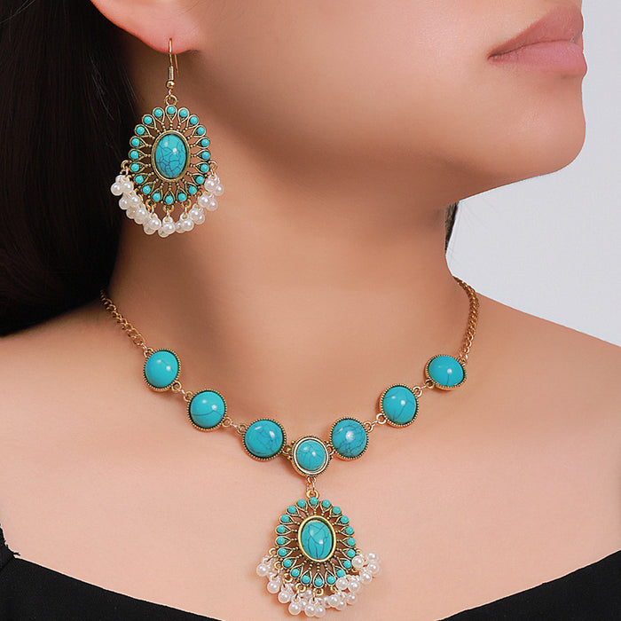 Wholesale Bohemian Turquoise Fringe Earrings and Necklace Set Alloy Jewelry