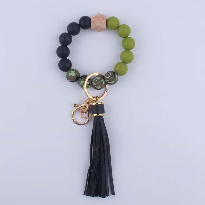 Wholesale Silicone leopard beads wrist keychain pendant leather PU tassel beaded bracelet accessories