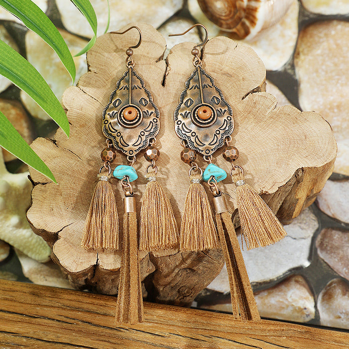 Wholesale Retro Bohemian Turquoise Tassel Earrings Zinc Alloy Fashion Accessory MOQ≥2