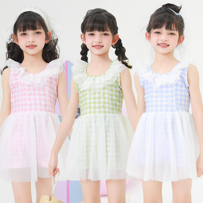 Wholesale Children's swimsuit plaid skirt style dress polyester swimsuit wholesale