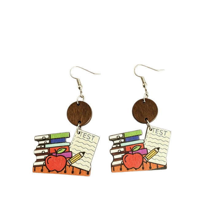 Wholesale Book and Pencil Wooden Earrings Teacher Theme Trendy Jewelry Accessory