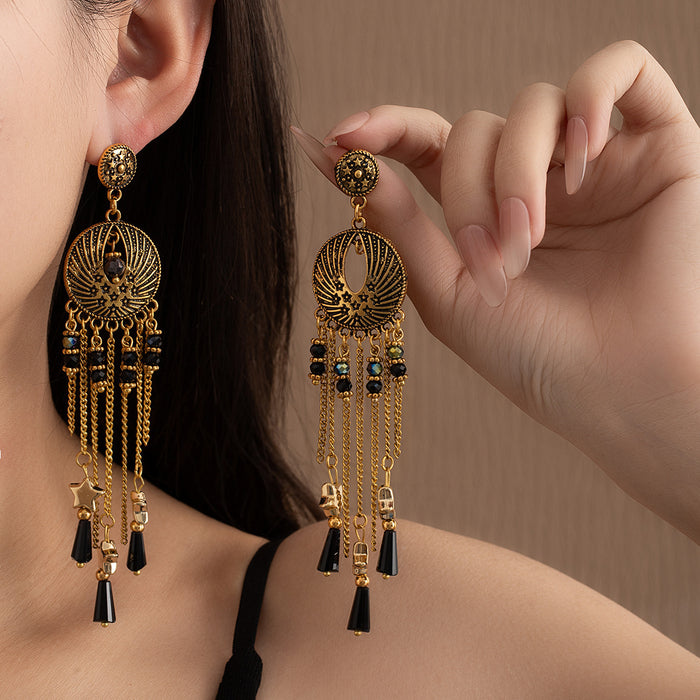 Wholesale Retro Bohemian Long Tassel Drop Earrings Heavy Industry Creative Ethnic Style Diamond-Encrusted High-End Earrings