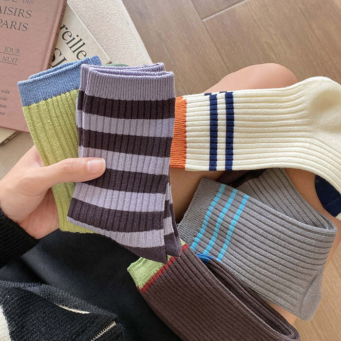Wholesale Socks with double needle contrasting stripes, mid tube stacking, versatile socks