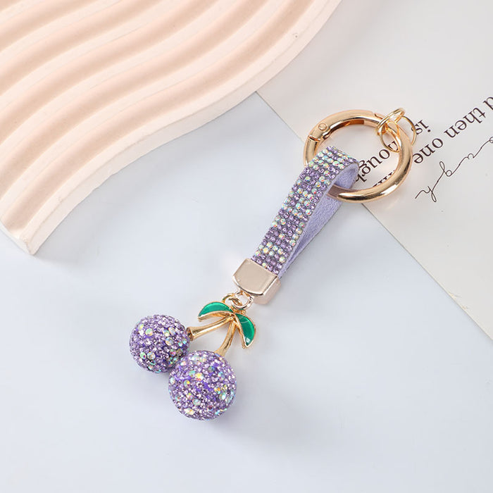 Wholesale Leather Cord with Diamond-Studded Cherry Keychain Pendant