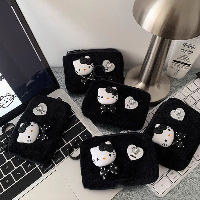 Wholesale Plush Cat Coin Purse Bag Charm Soft Polyester Cute Black Bow Design Zipper Closure