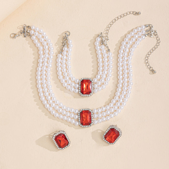 Wholesale Fashionable and exaggerated light luxury gemstone necklace jewelry combination, artistic and retro versatile pearl ring bracelet