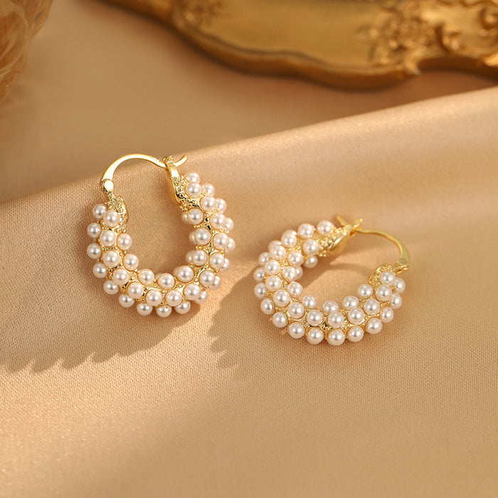 Wholesale Exquisite, fashionable, high-end pearl round ear buckle, light luxury, niche design, fashionable, gentle, versatile earrings
