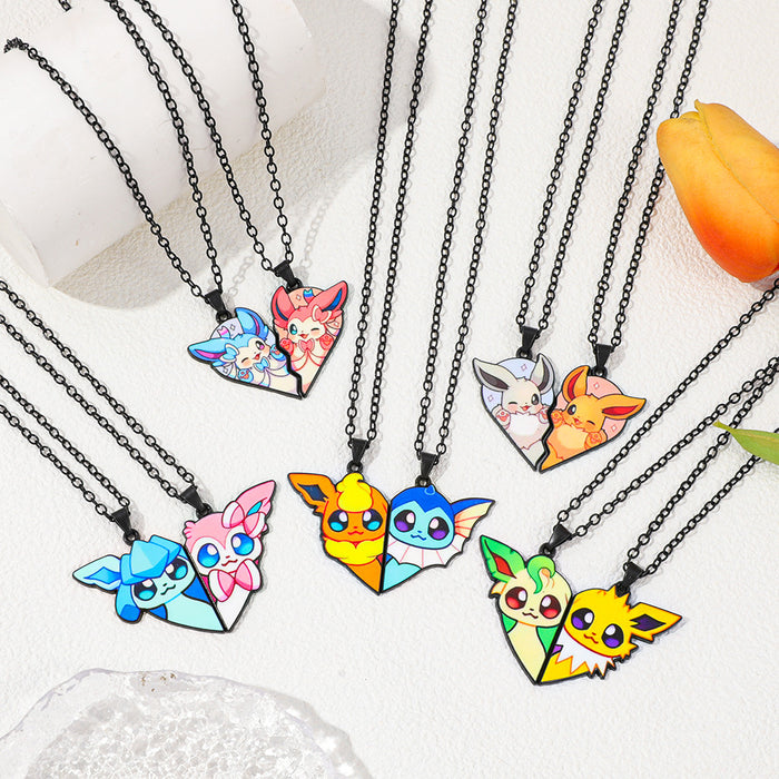Wholesale 1pair Cartoon Cute Heart Patchwork Pendant Necklace