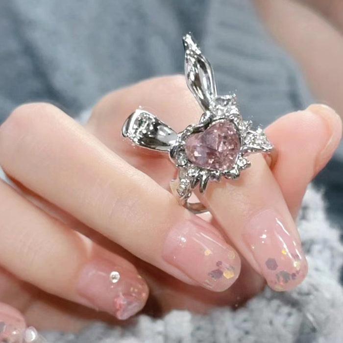 Wholesale Cute rabbit with diamond ring, versatile ring, open index finger ring