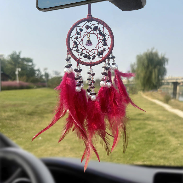 Wholesale Crystal Stone Dream Catcher Car Pendant Feather Wind Chime Rearview Mirror Decorative Accessory MOQ≥2