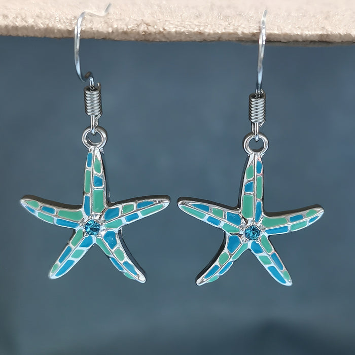 Wholesale Ocean Wind Alloy Dripping Oil Sea Star Series Earrings Simple and Versatile Blue Diamond Earhook