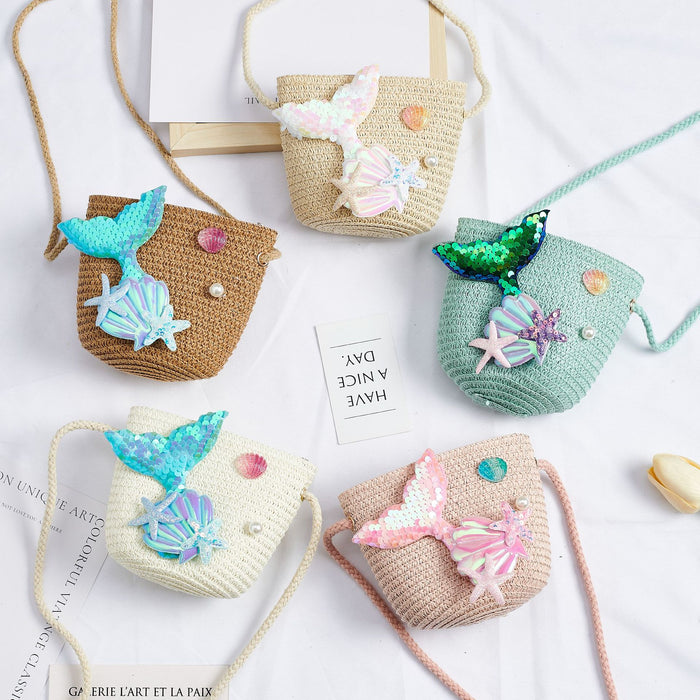 Wholesale Straw Mermaid Crossbody Bag for Girls Cute Summer Beach Purse Resale Gift