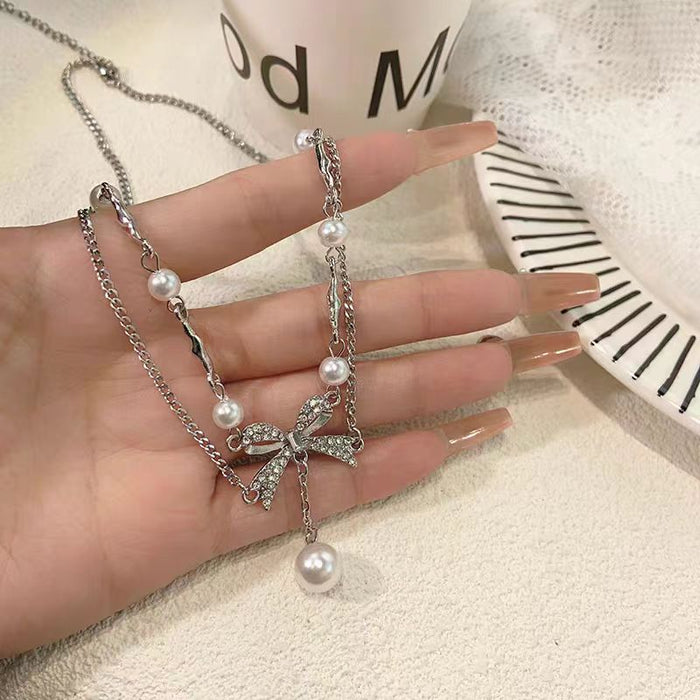 Wholesale Bow Pearl Tassel Alloy Necklace JDC-NE-TongS003