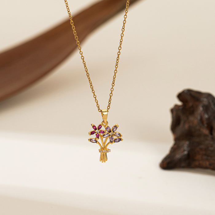 Wholesale Titanium steel jewelry, stainless steel micro inlaid horseshoe buckle necklace, double ring interlocking high-end accessory