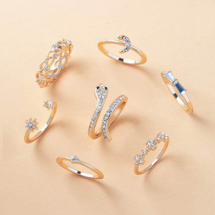 Wholesale 7-piece combination set of rings, star, moon, gemstone, snake shaped ring set