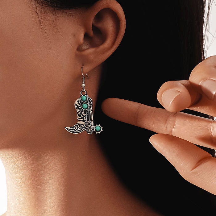 Wholesale European and American Personalized turquoise western cowboy alloy boots shape earrings