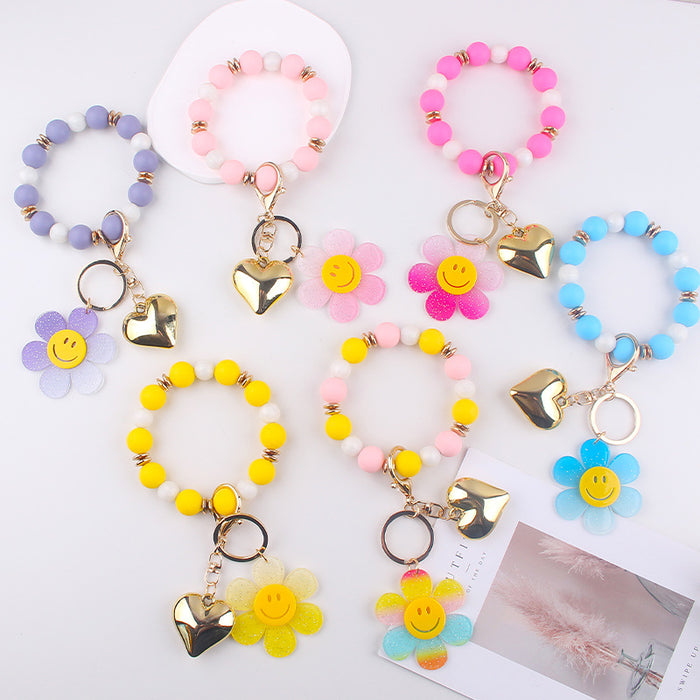 Wholesale Creative Silicone Beads Bracelet Keychain Cartoon Acrylic Smiley Sunflower Pendant Bracelet Key Ring Jewelry