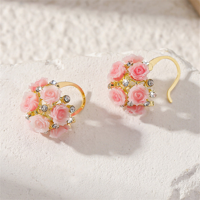 Wholesale French Dopamine Pink Basket Ear Clip Alloy Rhinestone Boutique MOQ≥2