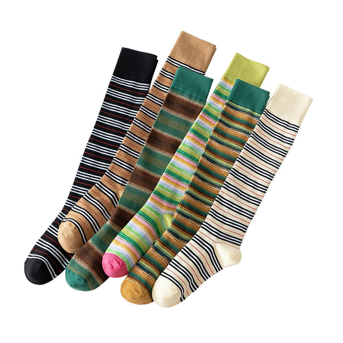 Wholesale Women's cotton calf socks with striped pattern, cute and personalized design, versatile long tube women's socks