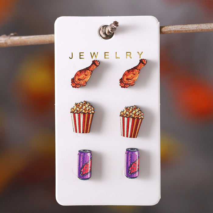 Wholesale Hamburger,  hot dog,  chicken drumstick,  popcorn,  cola food earring set wooden food earrings