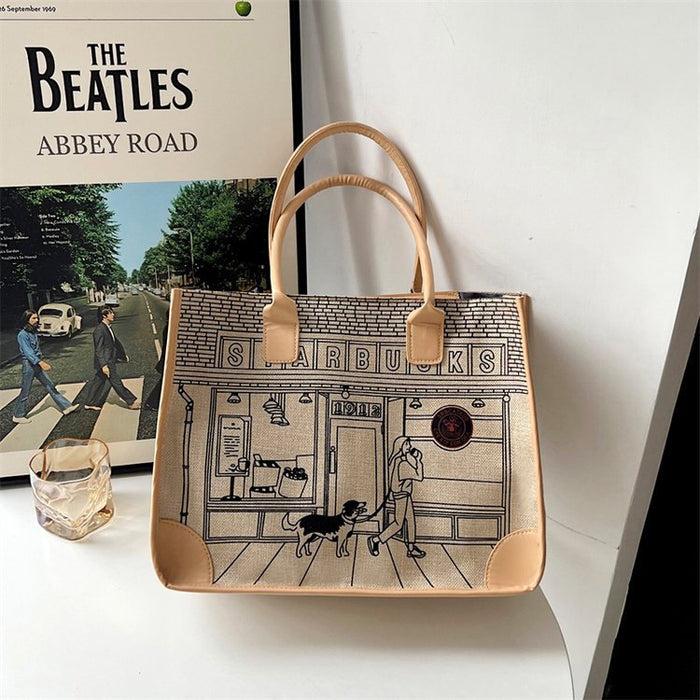 Wholesale Trendy Cartoon Print Cotton Linen Zipper Tote Bag Fashion Accessory Gift