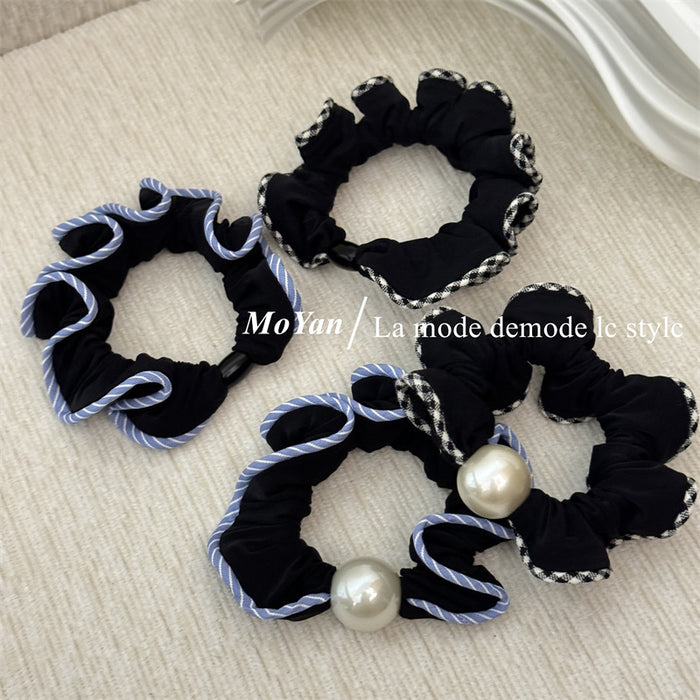 Wholesale Plaid Lace Scrunchie High-End Pearl Bun Hair Tie Ponytail Holder