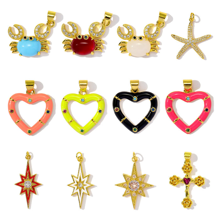 Wholesale Dripping Oil Love Sea Star DIY Copper Zircon Pendant Necklace Natural Stone Crab Earrings Jewelry Pendant