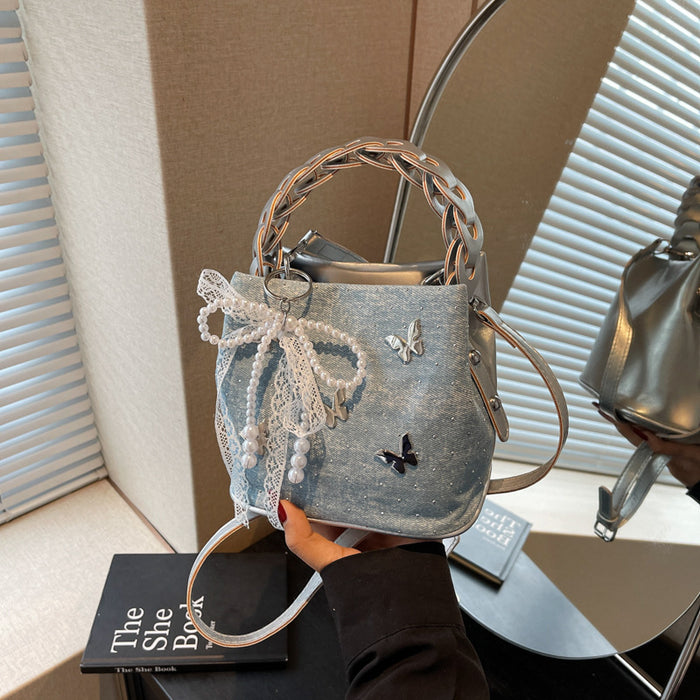 Wholesale Butterfly decoration shoulder crossbody bag, new niche design, drawstring bucket bag