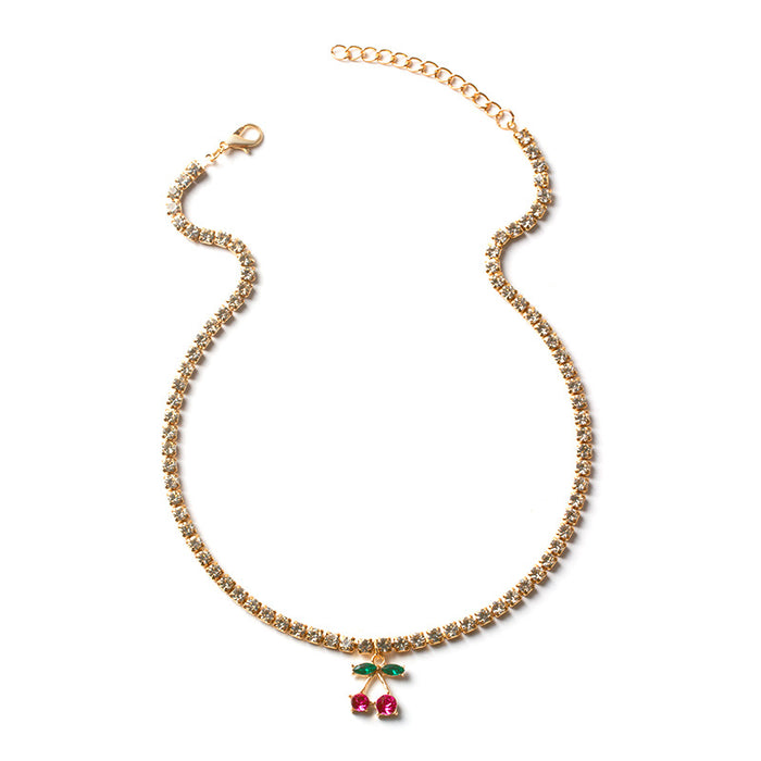 Wholesale New Cute Cherry Alloy Diamond Set Necklace with Versatile Gold Plated Love Pendant Clavicle Chain