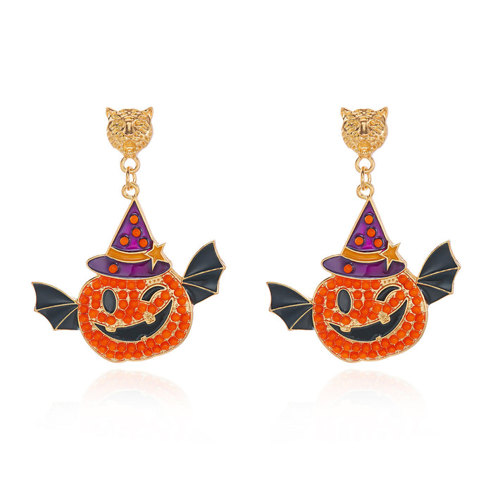 Wholesale Dark Drip Oil Rhinestone Earrings Skull Pumpkin Bat Design Alloy Party Wear