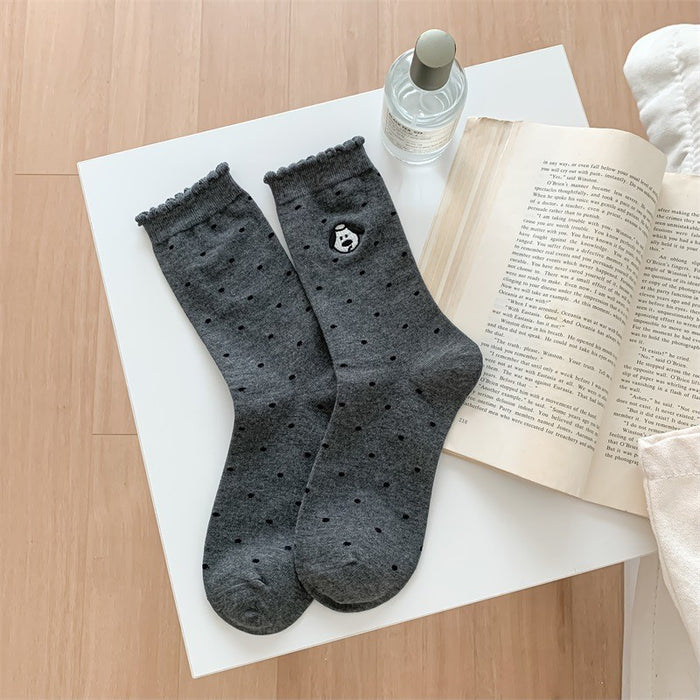 Wholesale Mid length socks, cotton socks, rolled edge striped pile socks, embroidered long socks