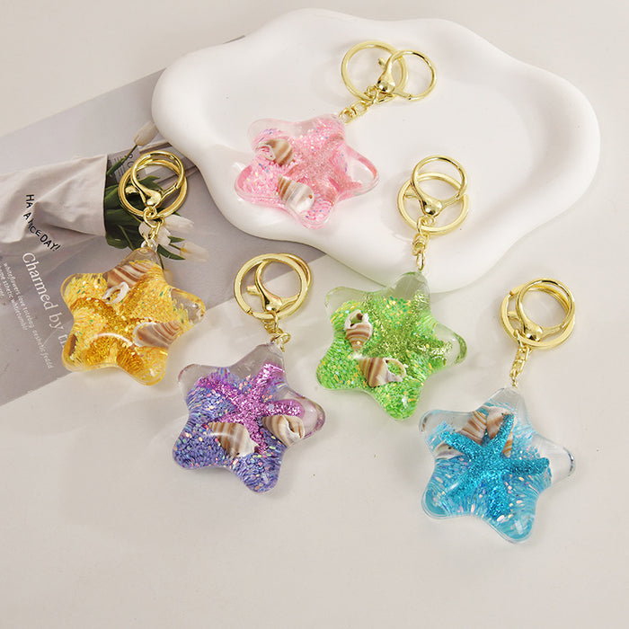 Wholesale Acrylic Oil-Filled,  Flowing Glitter Starfish Keychain
