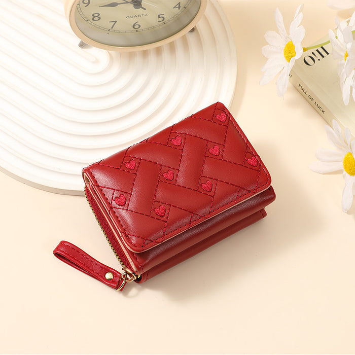 Wholesale Stylish Embroidered Love Short Wallet for Women PU Leather Trendy Accessory MOQ:3