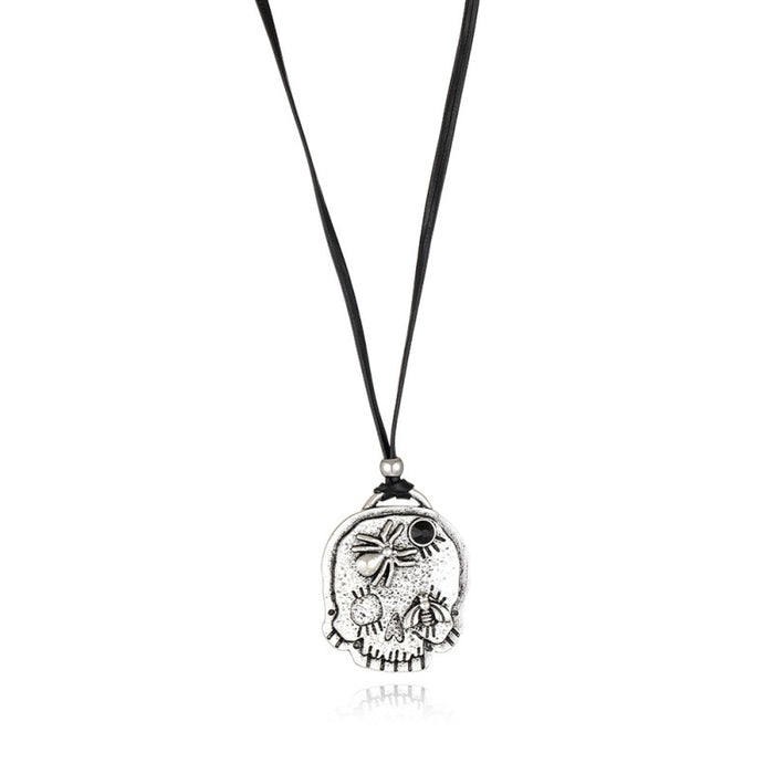 Wholesale Personalized skull pendant necklace adjustable long black leather rope sweater chain