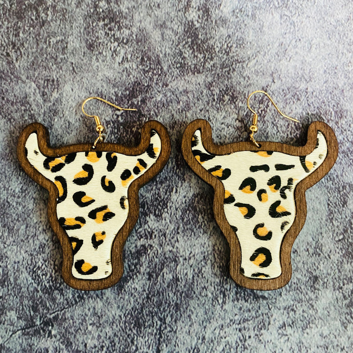 Wholesale Retro genuine leather earrings Western cow head leopard print horse hair inlaid wooden earrings