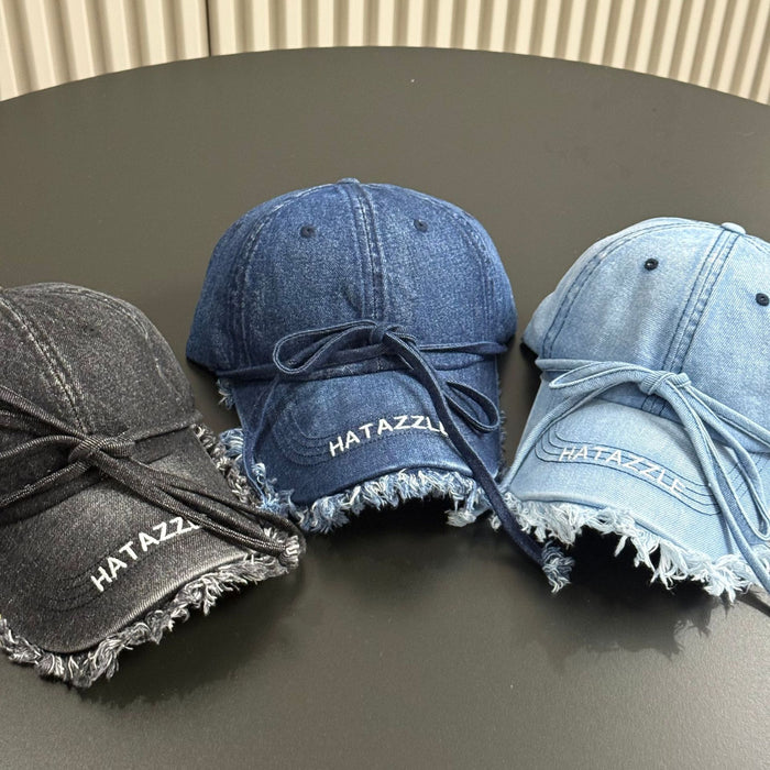 Wholesale Retro fringed denim baseball cap, soft top bow sun hat, sun protection duckbill cap