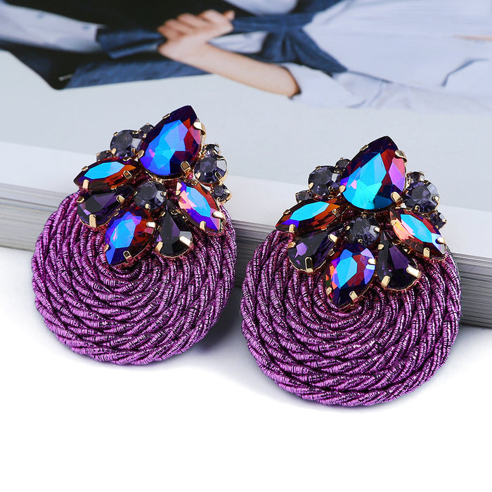 Wholesale Fashionable hand woven rope with circular inlaid colorful crystal earrings, elegant earrings and jewelry