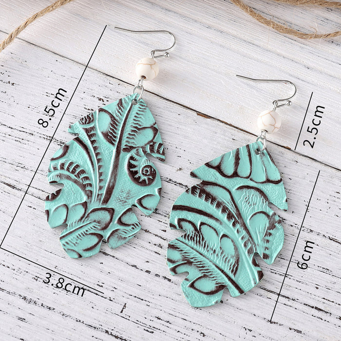 Wholesale Leather Bohemian Leaf Pattern Turquoise ing Earrings Boutique Resale Jewelry