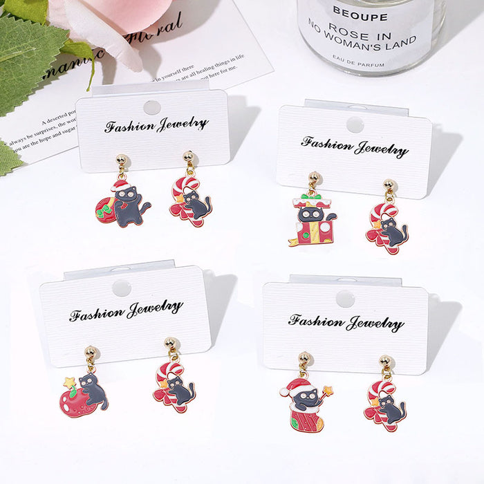 Wholesale Metal Alloy Christmas Earrings Cute Black Cat Design Party Gift for Women MOQ≥2