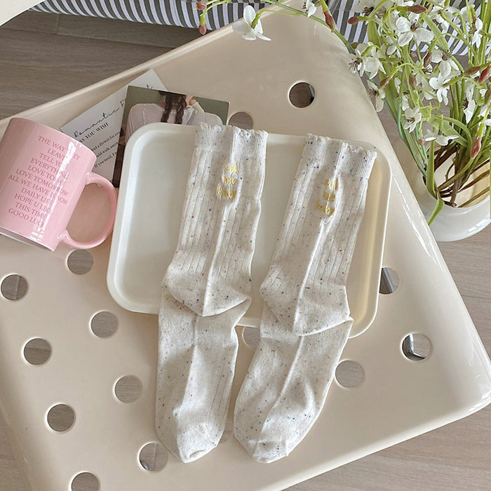 Wholesale Thin dotted yarn embroidered letters, mid tube socks, long tube socks, stacked socks, cotton