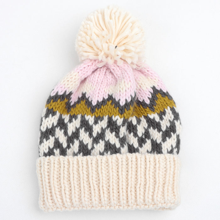 Wholesale Color blocked Geometric Diamond Jacquard Beanie with Colorful Turn-up Thickened Warm Knitted Hat