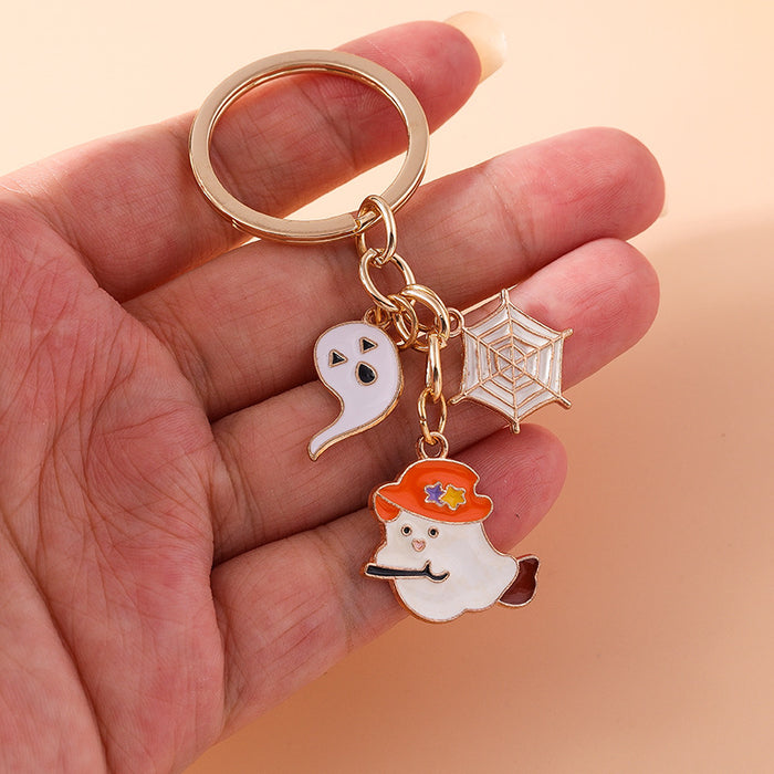 Wholesale Cute Metal Keychain With Witch Ghost Pumpkin Bat Web Design Car Key Accessory Gift