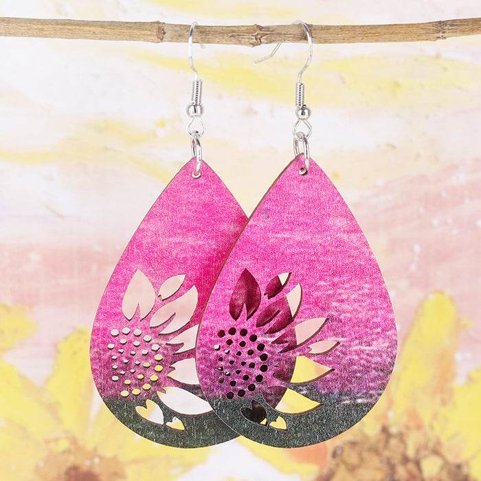 Wholesale Bohemian Resort Style Multicolour Sunflower Cut Out Wooden Earrings for Women